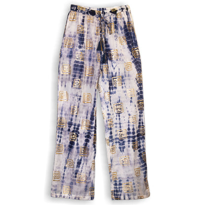 NOMAD SARI ON THE MED - Lounge-Hose - Griechisches Motiv in Gold und Blau – handbemalt M/L