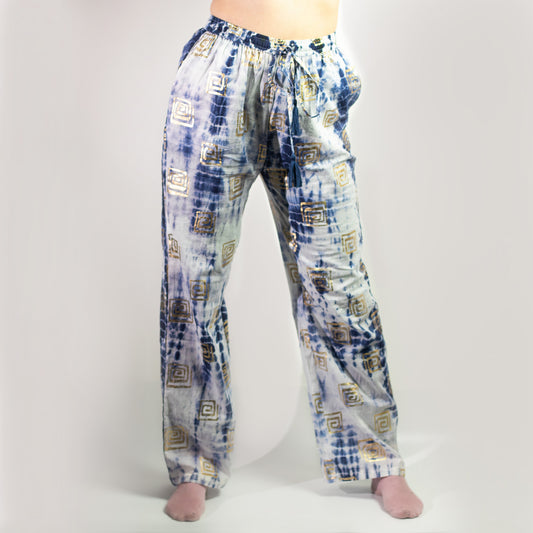 NOMAD SARI ON THE MED - Lounge-Hose - Griechisches Motiv in Gold und Blau – handbemalt L/XL