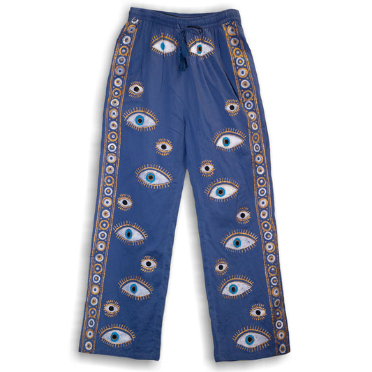NOMAD SARI ON THE MED - Lounge-Hose - Evil-Eye Motiv in Gold und Blau – handbemalt M/L