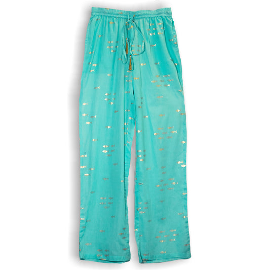 NOMAD SARI ON THE MED - Lounge-Hose - Goldfisch Motiv in Gold und Türkis – handbemalt M/L