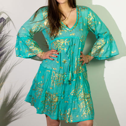 NOMAD SARI ON THE MED - Kleid in Türkis und Gold – Korallen Motiv - handbemalt L/XL