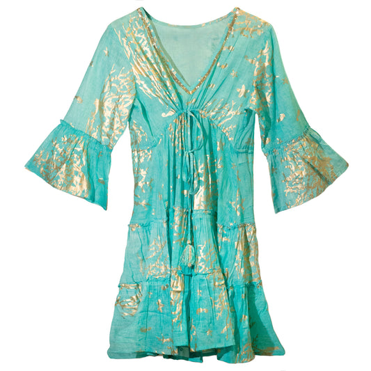 NOMAD SARI ON THE MED - Kleid in Türkis und Gold – Korallen Motiv - handbemalt L/XL