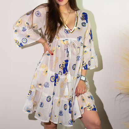 NOMAD SARI ON THE MED - Kleid in Weiß, Blau und Gold – Evil-Eye Motiv - handbemalt L/XL