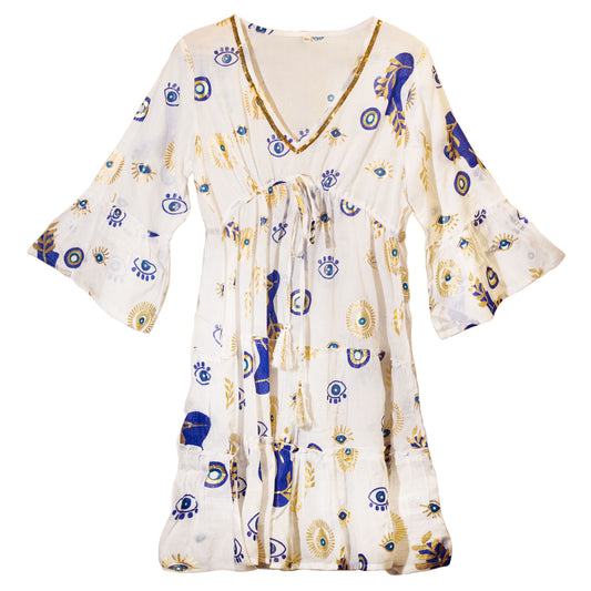 NOMAD SARI ON THE MED - Kleid in Weiß, Blau und Gold – Evil-Eye Motiv - handbemalt L/XL