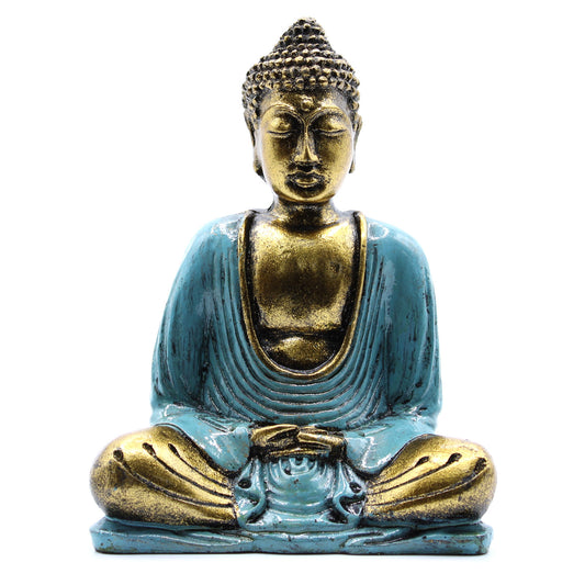 Buddha-Statue - Blaugrün-Gold - mittelgroß