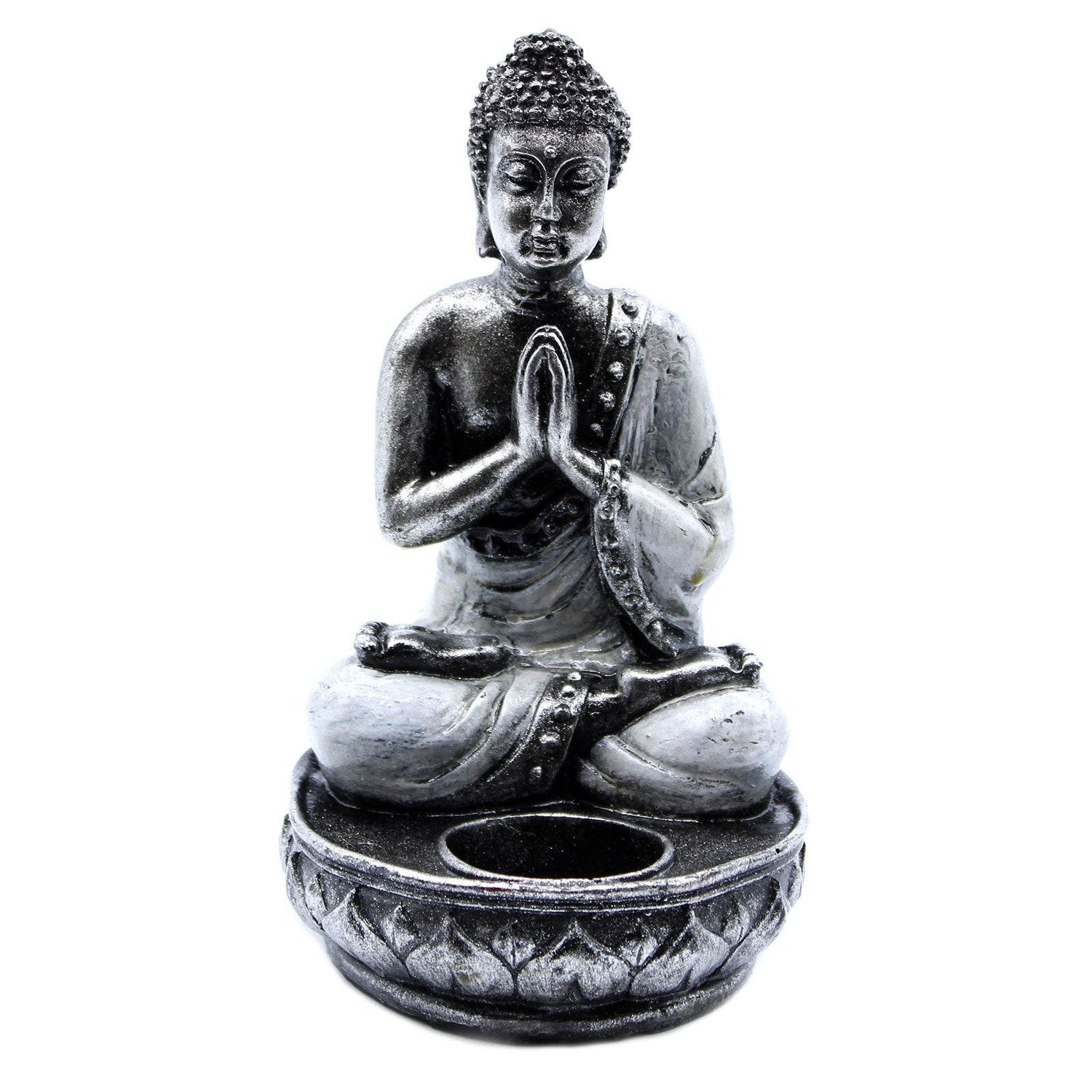 Buddha-Kerzenhalter Statue weiß-silber – Frontansicht, Freisteller