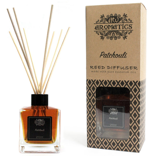 Rattanstäbchen-Diffusor Patchouli – verpackt und ausgepackt nebeneinander dargestellt.