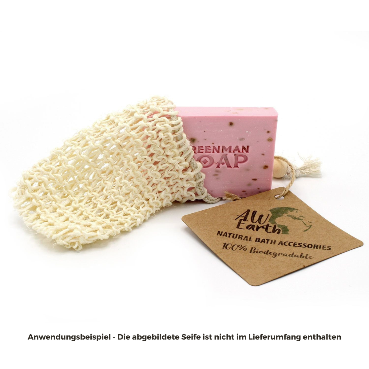 Seifensparbeutel aus Sisal – Anwendungsbeispiel mit Seife befüllt und Etikett (Seife nicht im Lieferumfang)